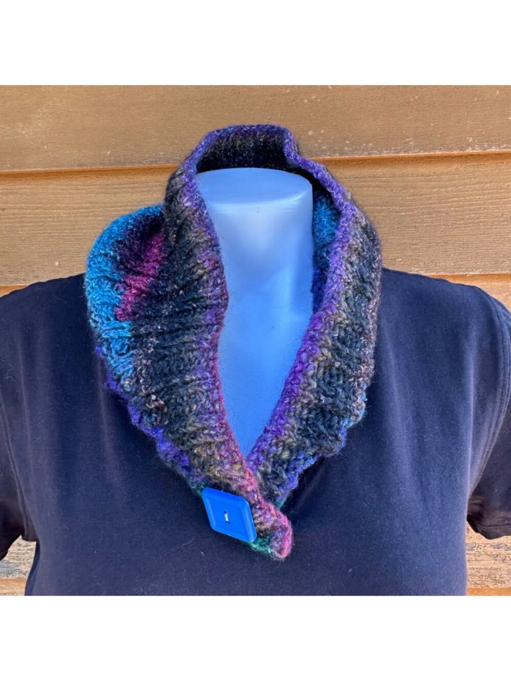 Multi-Color Hand-Knit Wool Blend Neck Warmer With Blue Button Closure